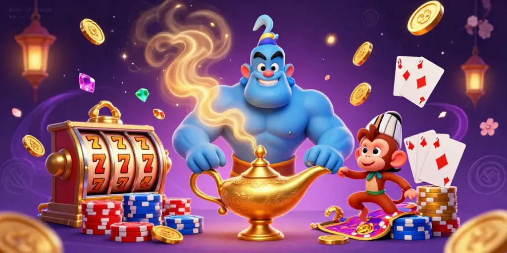 Experience amazing slot online games with this vibrant casino-themed illustration featuring a genie.