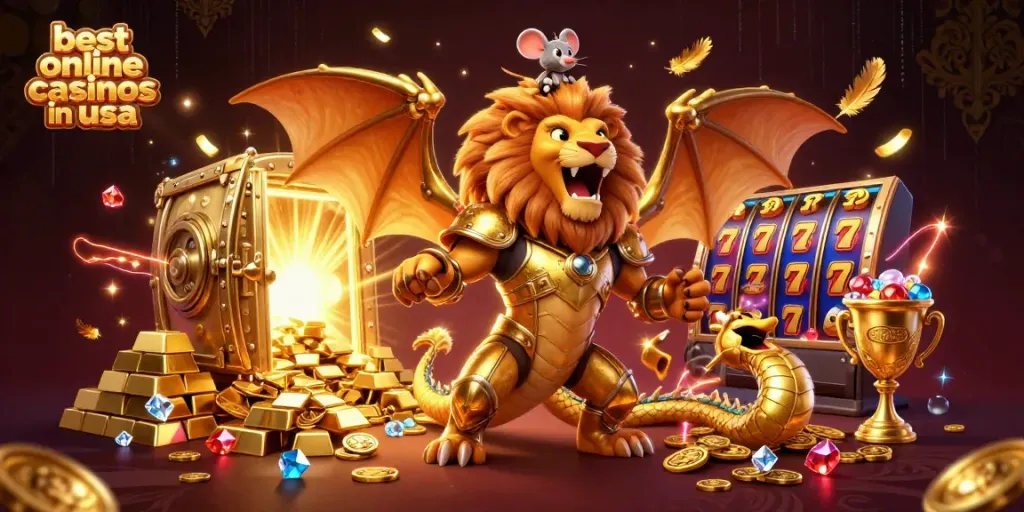 Experience the excitement of the best online casinos in usa with a golden chimera and flashy slot elements.