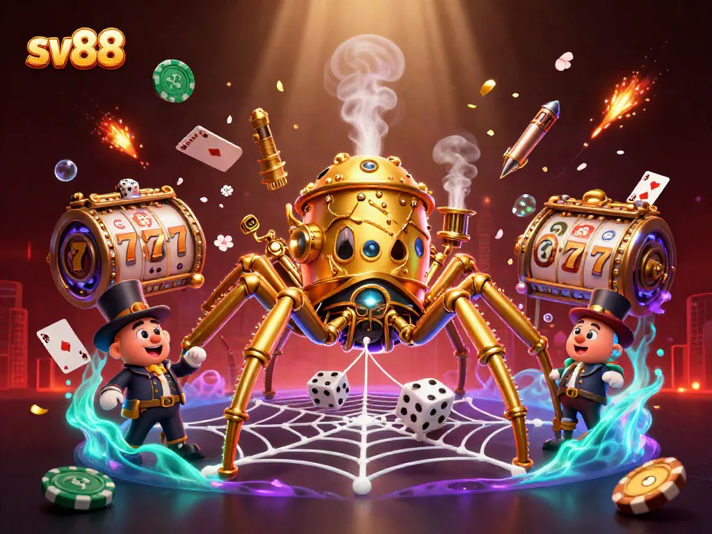 sv88 showcases a steampunk spider caught in an intricate web of slots and poker, enhancing the thrill of the game.