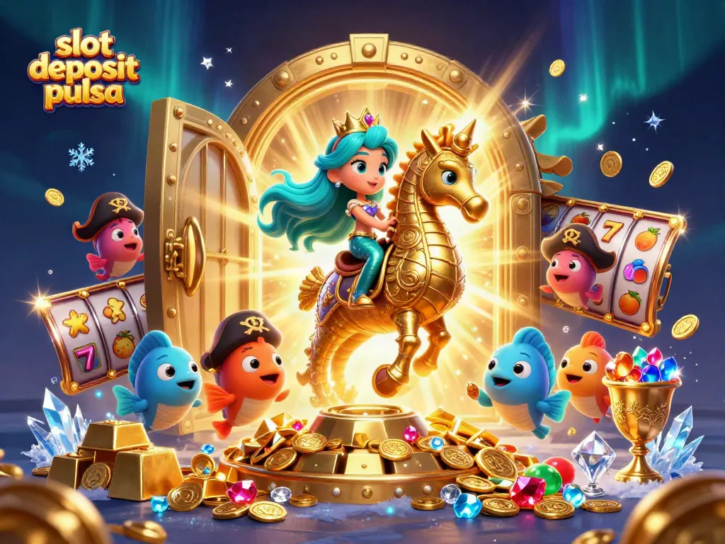 Engage with slot deposit pulsa features in a vibrant casino-inspired 3D illustration, showcasing exciting gaming elements.