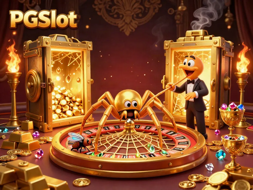 Engage in PGSlot action with a vibrant scene featuring a golden spider and centipede croupier at a roulette wheel.