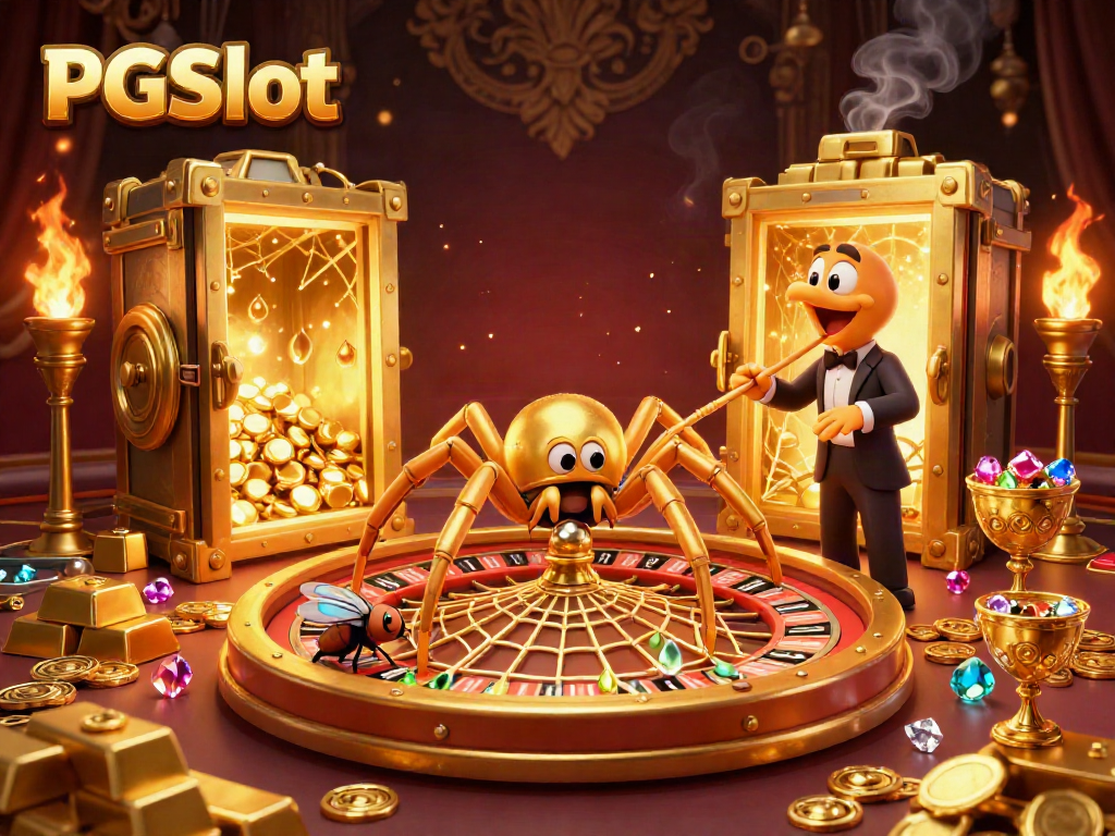Engage in PGSlot action with a vibrant scene featuring a golden spider and centipede croupier at a roulette wheel.