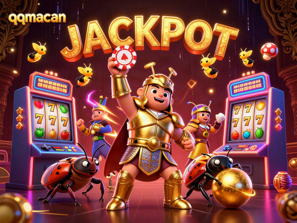 Spin the reels in qqmacan with vibrant gaming characters celebrating a jackpot!