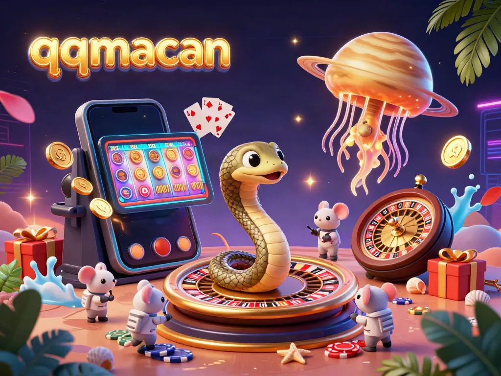 Engaging scene depicting qqmacan with a Saturn ring snake, astronaut mice betting, and a golden jellyfish dealer along with vibrant casino elements.