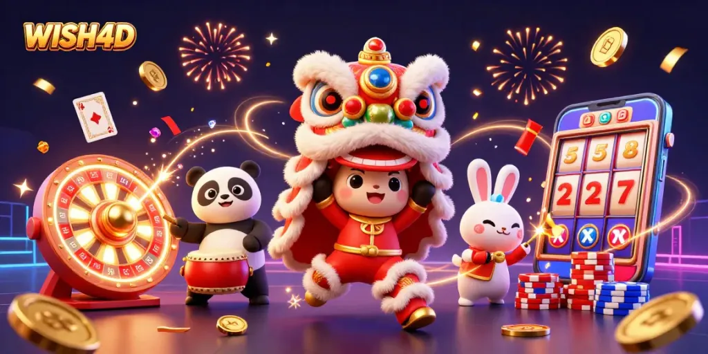 WISH4D players enjoying the vibrant online casino experience with festive characters and colorful casino elements.