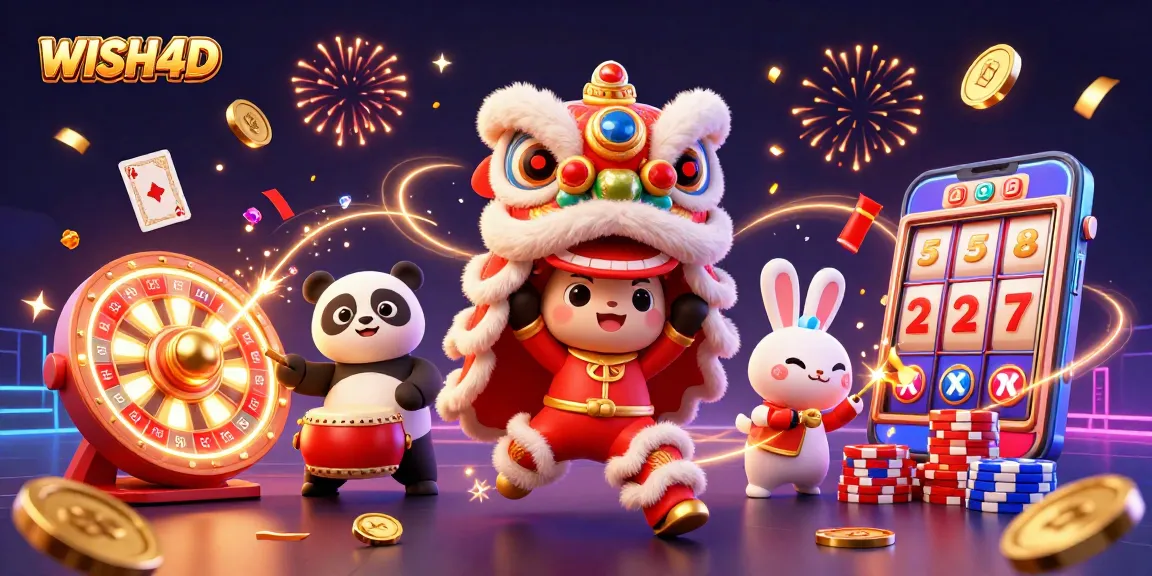 WISH4D players enjoying the vibrant online casino experience with festive characters and colorful casino elements.