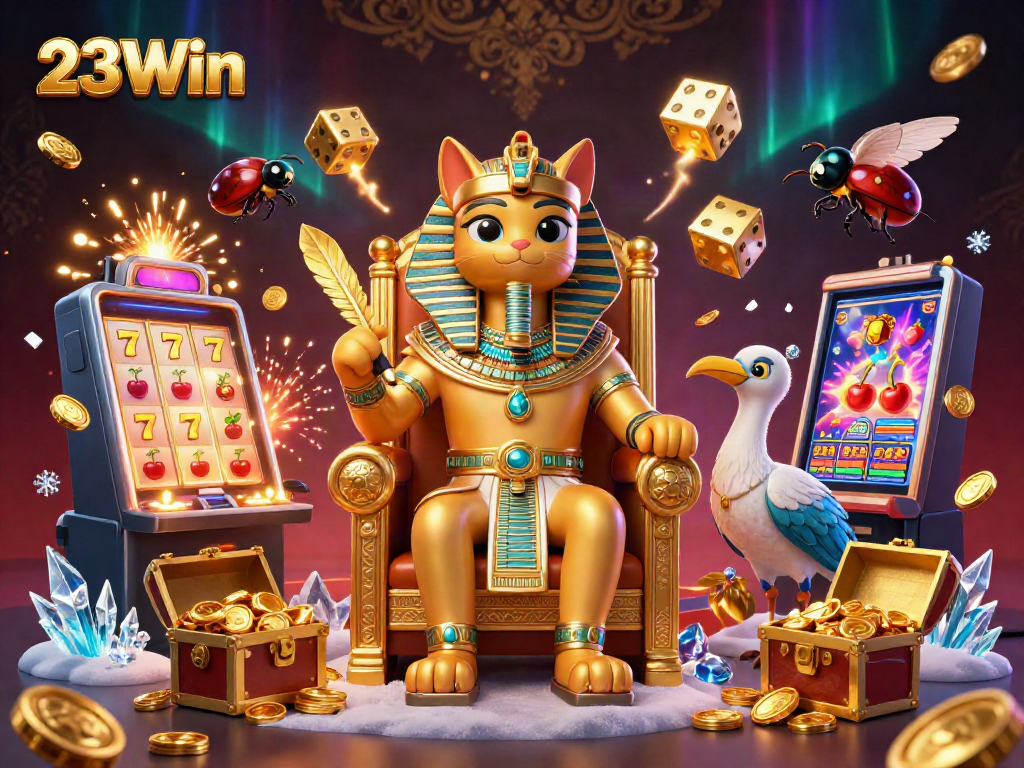 Experience the thrill of 23Win's dynamic casino scene with a pharaoh cat and jackpot elements.