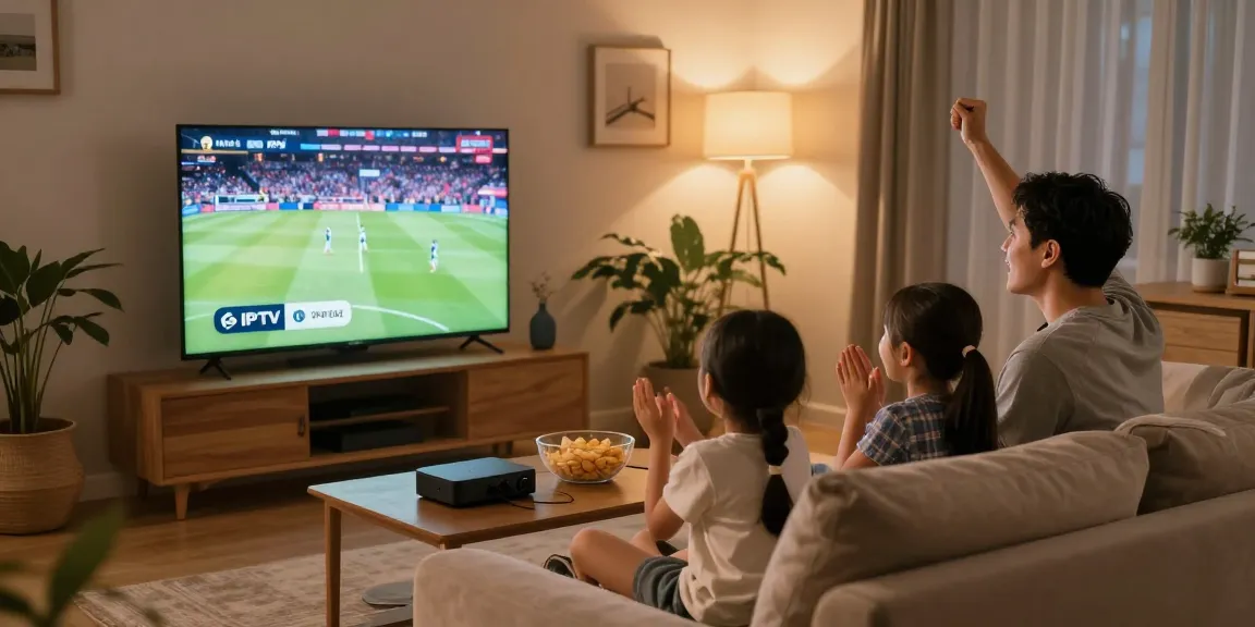 Gezellige woonkamer met gezin dat geniet van IPTV met abonnement en live sport kijkt.