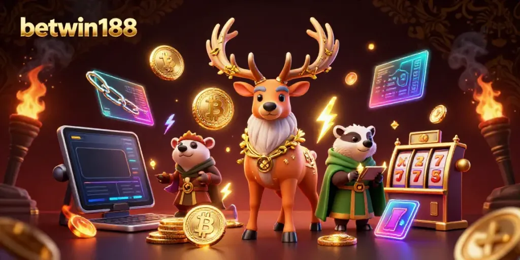 Menangkan hadiah di betwin188 dengan simbol jackpot dan karakter kasino yang menarik.