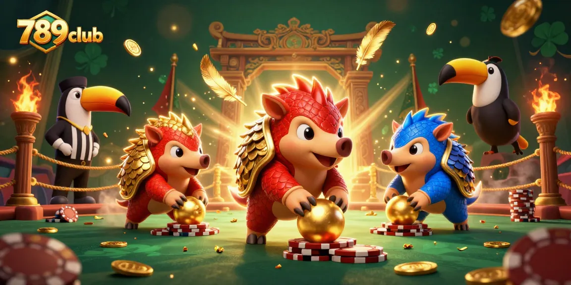 Engage with 789club as rival pangolins roll golden balls and stack poker chips in this lively casino scene.