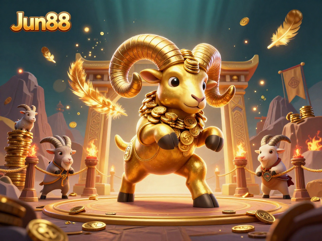 Engage in thrilling gameplay at Jun88 with a vibrant 3D scene featuring a charging golden ram amongst dynamic gambling elements.