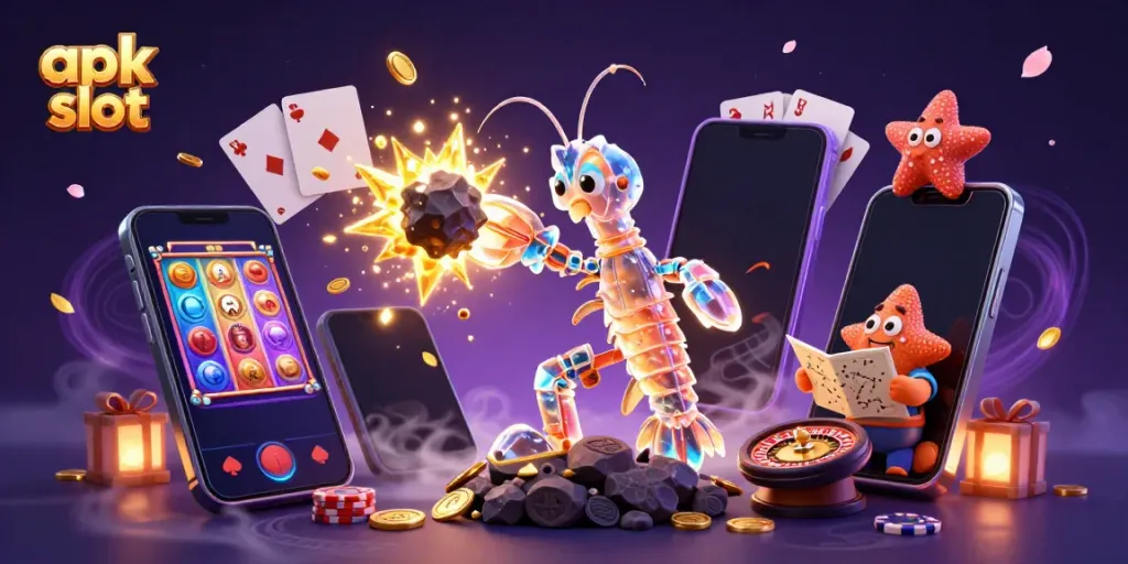 Experience thrilling apk slot action with a vibrant illustration of cartoon characters and dynamic casino elements.