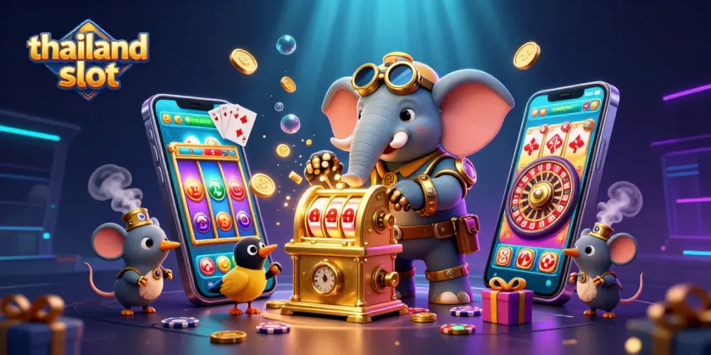Spin to win with thailand slot in a vibrant steampunk casino scene packed with dynamic game elements.