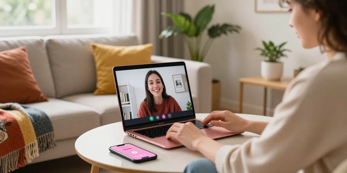 Engaging in pink video chat in a cozy living room, connecting face-to-face with a real person.