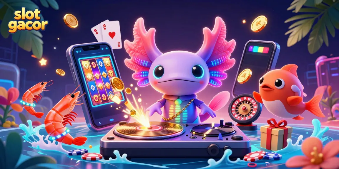 Experience the vibrant energy of slot gacor with our colorful 3D casino scene featuring an axolotl DJ.