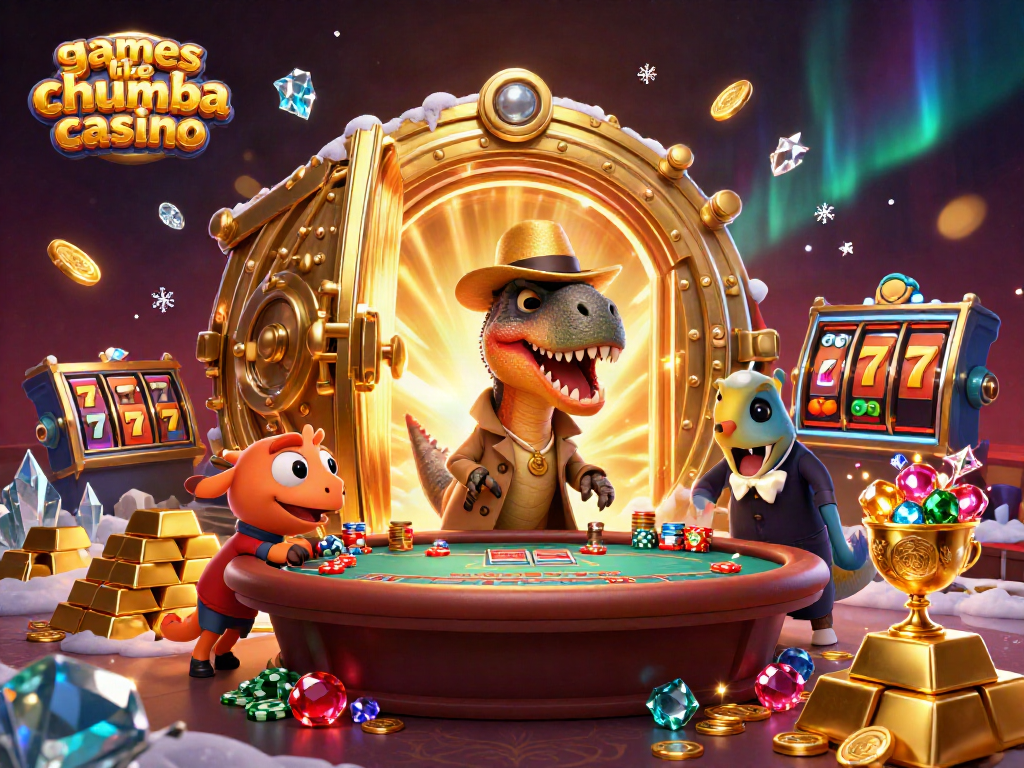 Play with games like chumba casino in a lively 3D casino scene featuring a velociraptor card counter.