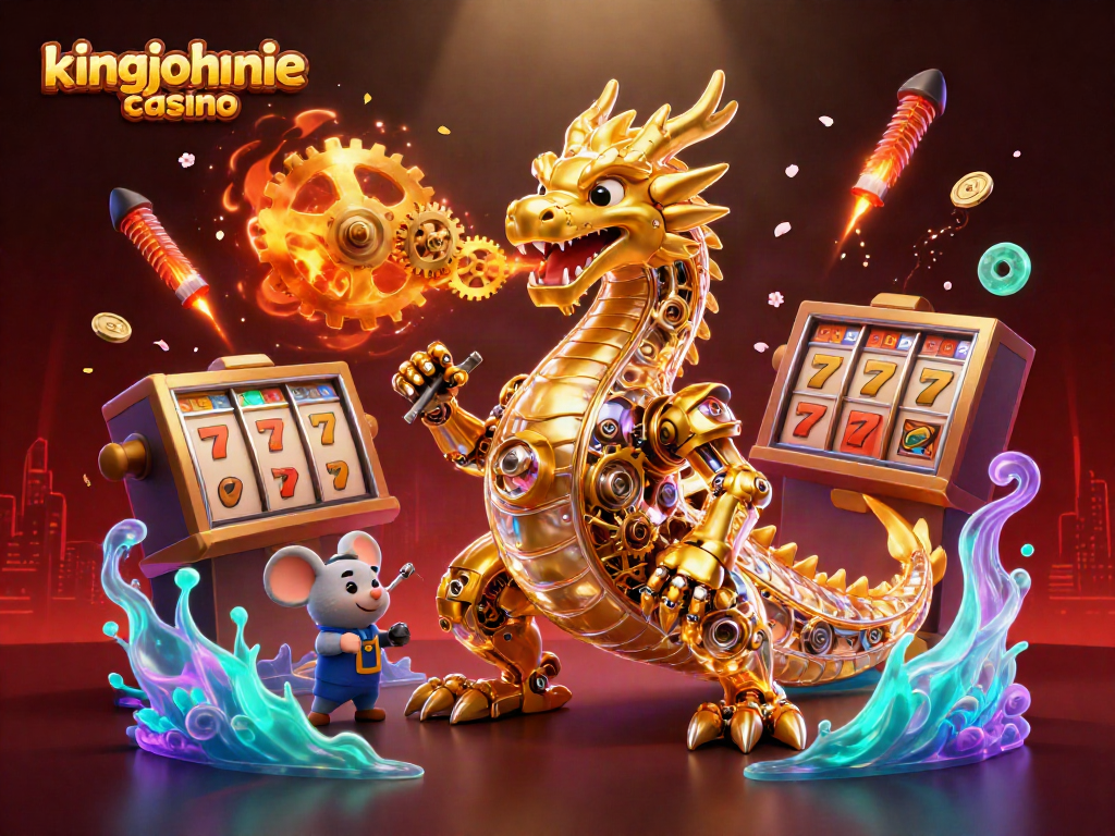 Experience the thrill of kingjohnnie casino with a dynamic illustration of a dragon and gaming elements.