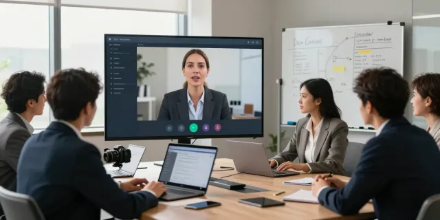 Deepfake protected Online Video Calls, Meetings and Conferencing in a modern office with diverse professionals collaborating