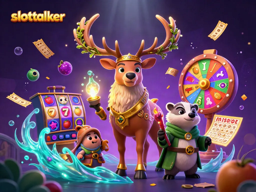 Experience the magic of slottalker with vibrant slot games and enchanting characters in this immersive illustration.
