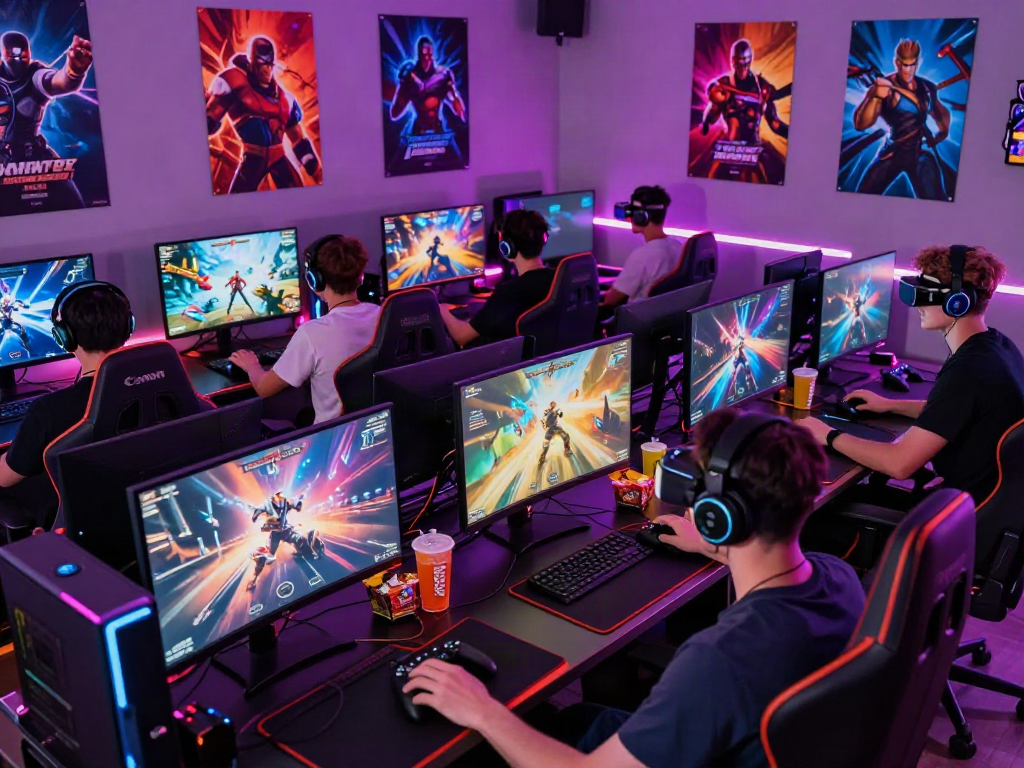 Gamers enjoying porngames in a vibrant, high-tech gaming setup with immersive visuals and snacks