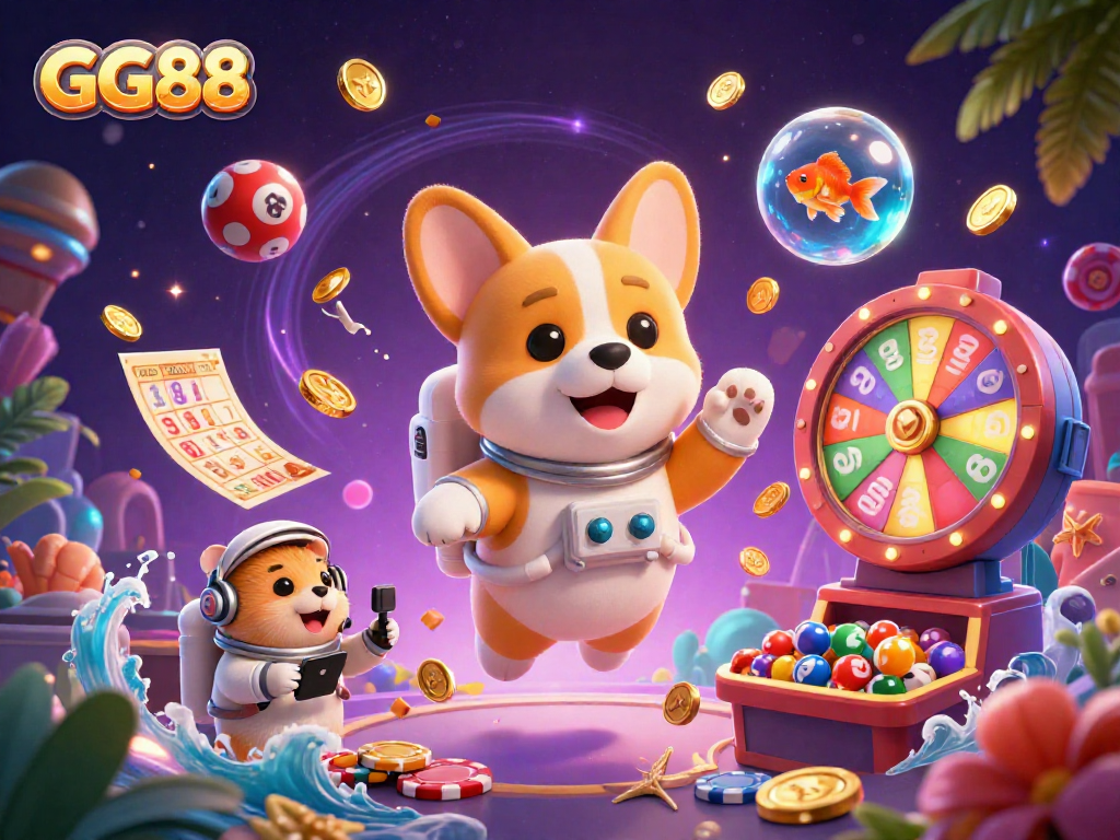 Win exciting rewards at GG88 with vibrant lottery balls, poker chips, and a playful backdrop.