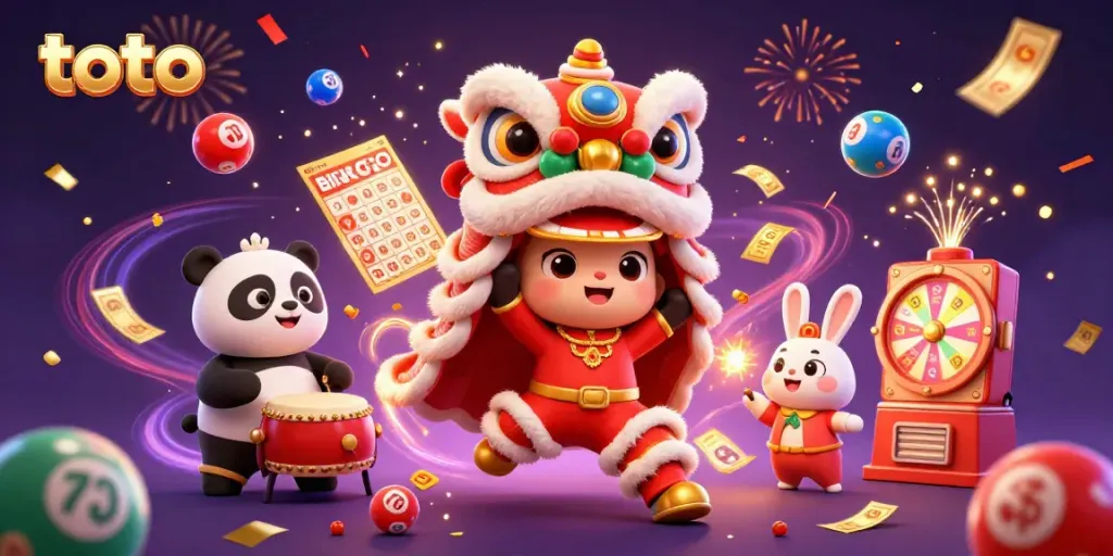 Experience the thrill of toto with captivating lion dance and vibrant lottery elements in an energetic scene.