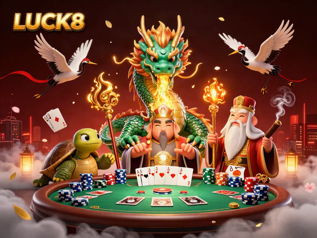 Experience LUCK8 as the jade dragon ignites excitement over a poker table in a vibrant casino.