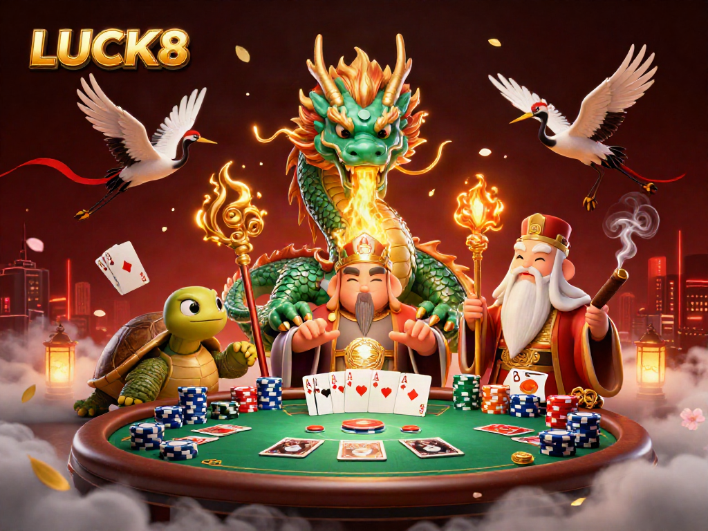 Experience LUCK8 as the jade dragon ignites excitement over a poker table in a vibrant casino.