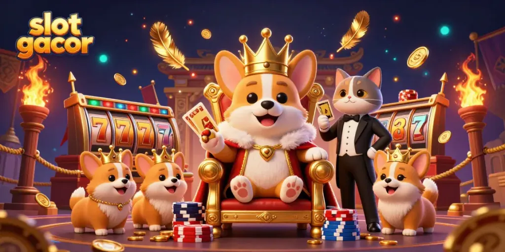 Engage with the slot gacor world featuring a royal corgi on a poker chip throne amidst dazzling game elements.