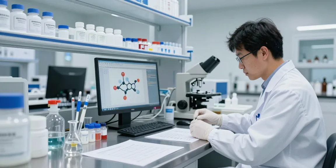 Scientist analyzing research peptides in a modern lab environment with certificates of analysis visible.