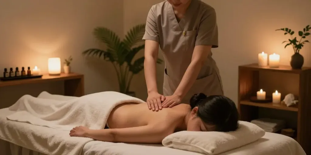 Calming 하남출장마사지 session in a serene spa room with relaxing ambiance.