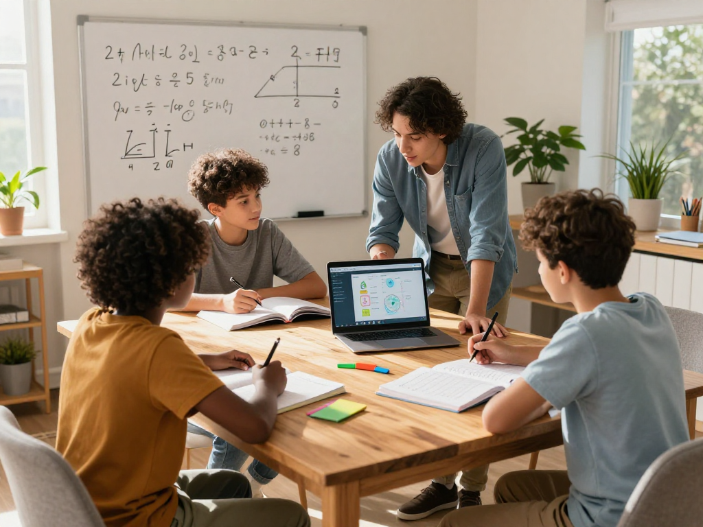 Group of students learning with Maths tutors in a cozy home study