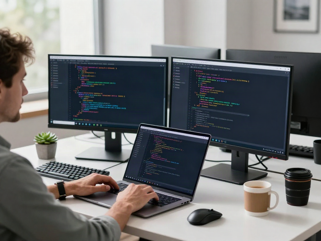 Developer coding on laptop with brave浏览器 in a vibrant tech workspace.