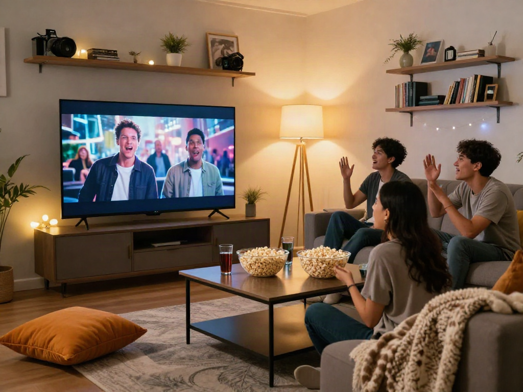 Enjoying a movie night with friends, Moviebox streaming films in a cozy living room.