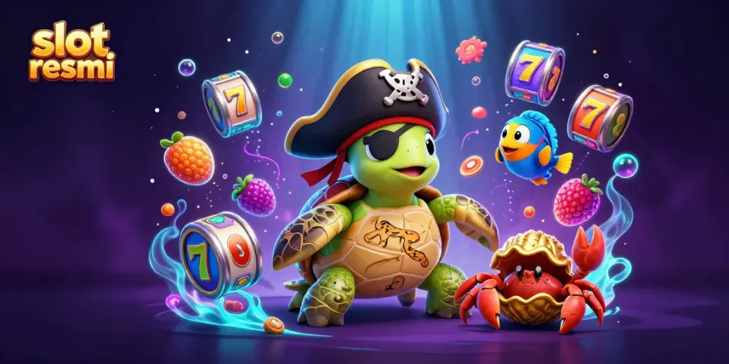 Engaging scene of a pirate turtle and friends amidst colorful slot resmi game reels and jackpot elements.
