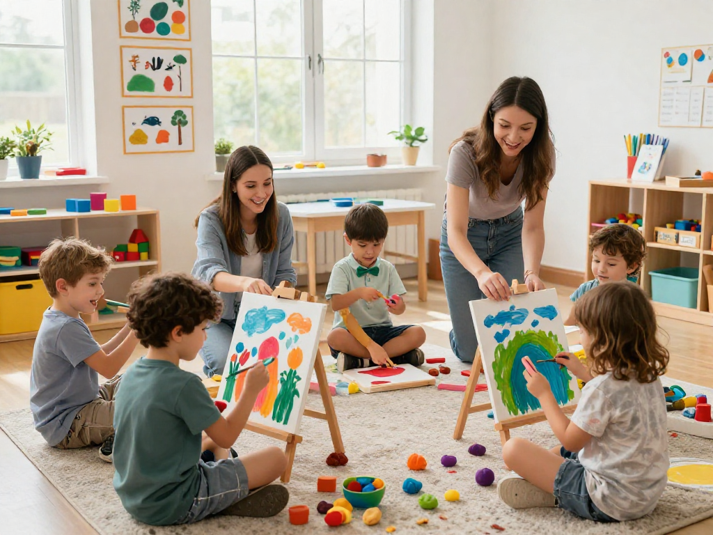 Children exploring creativity in a kindergarten near me classroom, engaged in fun art activities with bright colors and guiding teachers.