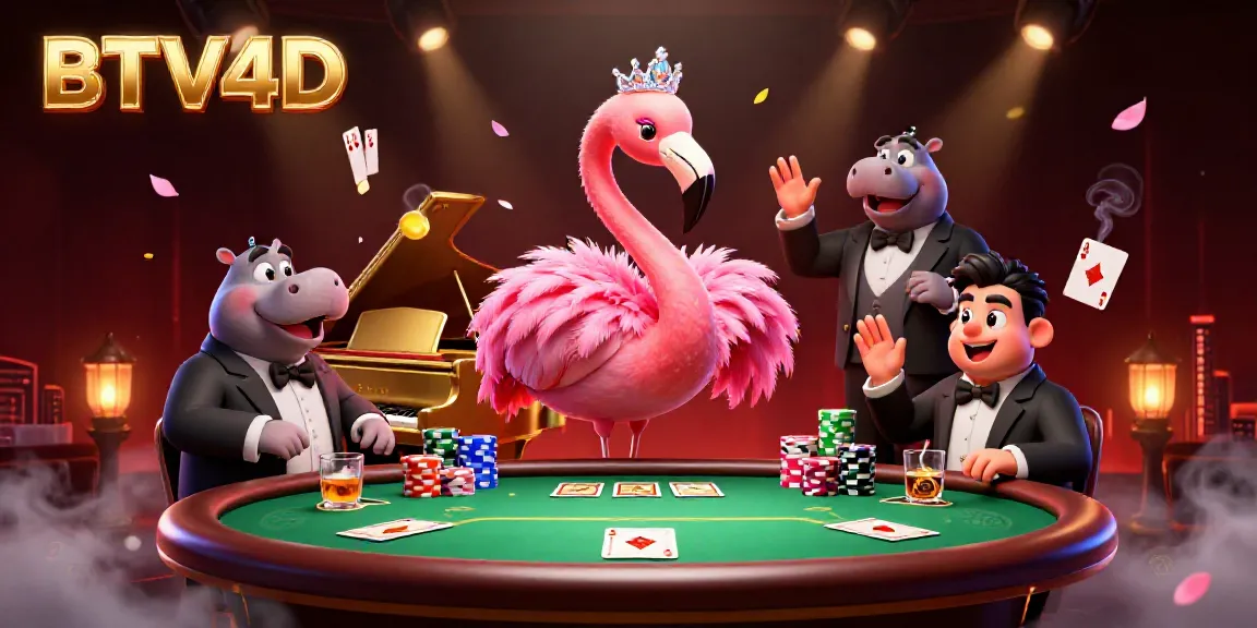 Gambarlah aktivitas perjudian yang menarik dengan BTV4D dalam suasana ceria kasino, menampilkan penyanyi flamingo dan bassis hippo.