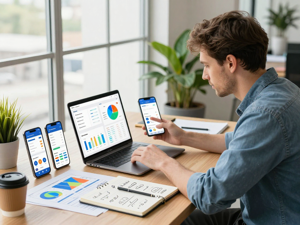 Buy app downloads illustrated in a digital marketing workspace with devices and analytics.