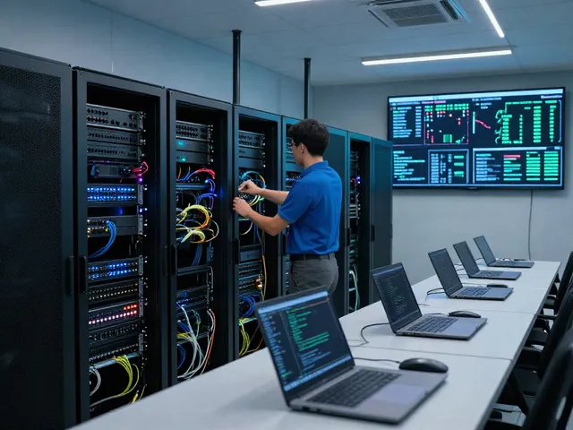 Ruang server modern dengan teknisi memeriksa Server PG, pencahayaan LED dan layar analitik menunjukkan performa real-time.