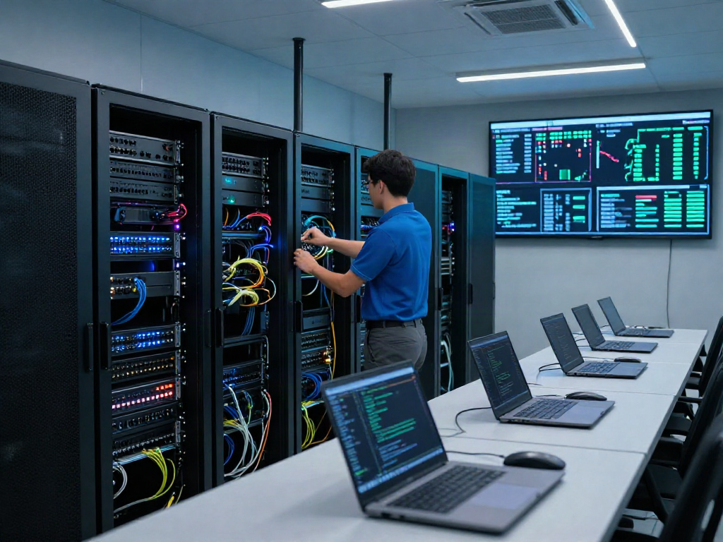 Ruang server modern dengan teknisi memeriksa Server PG, pencahayaan LED dan layar analitik menunjukkan performa real-time.