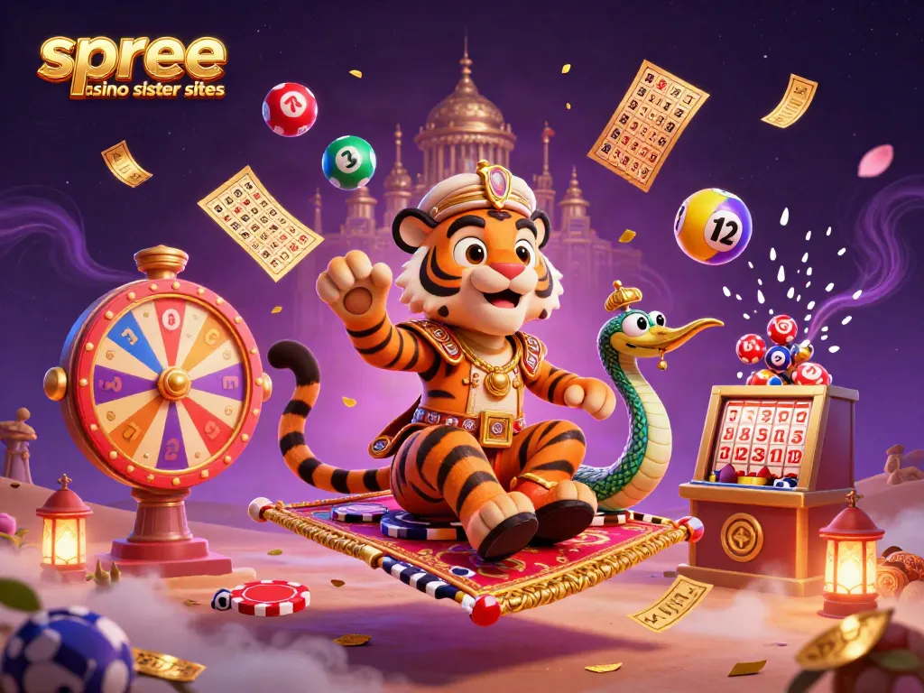 Experience the enchanting spree casino sister sites with a vibrant 3D illustration of a tiger sultan, a magic lamp genie, and a lively casino scene.