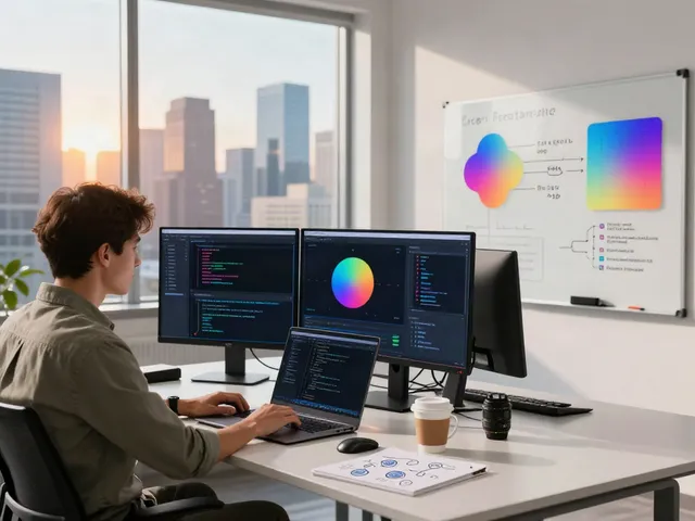 Modern workspace illustrating what are AI tokens through data analytics, code, and productivity.