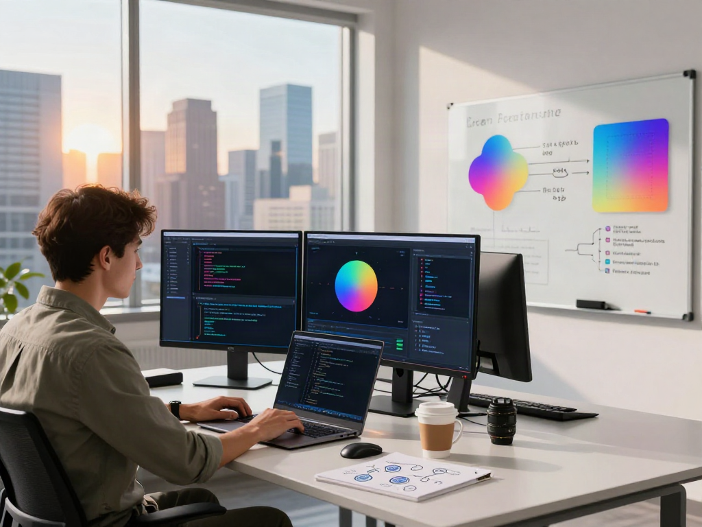 Modern workspace illustrating what are AI tokens through data analytics, code, and productivity.