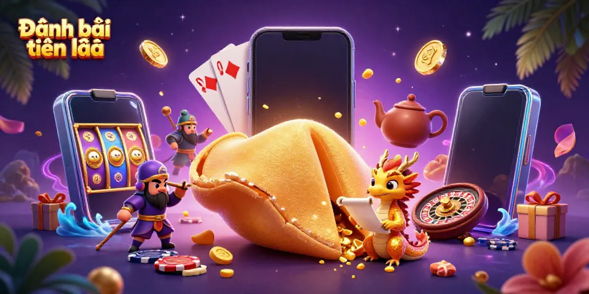 Engage in Đánh bài tiến lên with an enchanting scene of a fortune cookie, dragon, and golden elements.