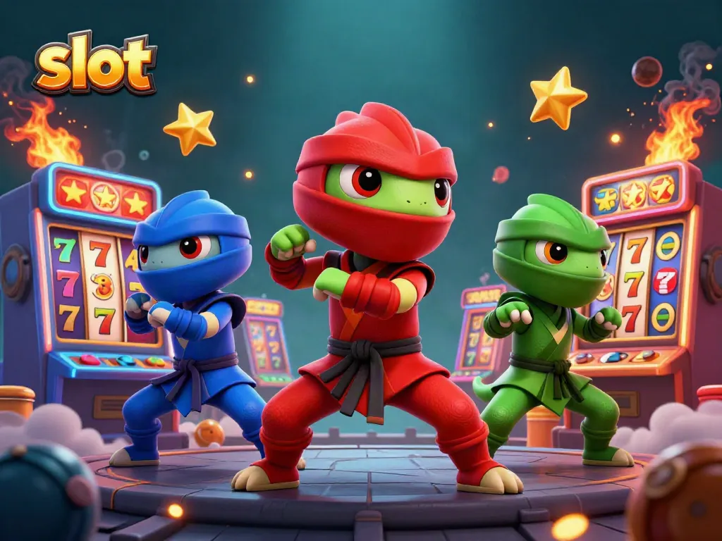 Slot machines and ninja chameleons showcase vibrant gameplay in a dynamic gaming scene.