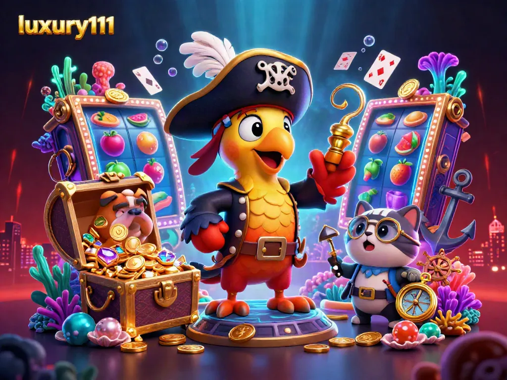 Experience thrilling gaming with luxury111 in this vibrant pirate-themed online casino scene.