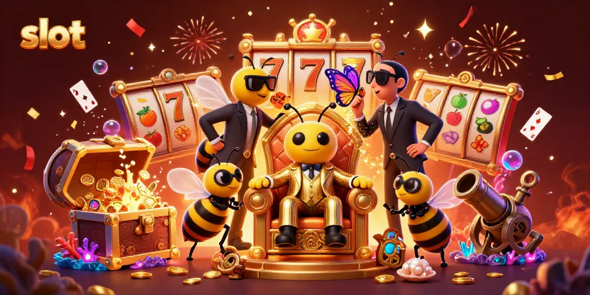 Gambar slot mesin dengan bos lebah 3D dan penjaga, menunjukkan perayaan dan kekayaan.