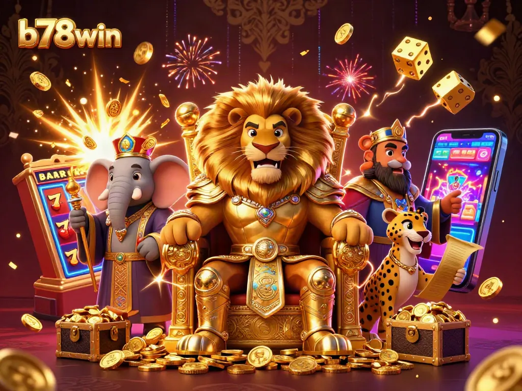 Experience the thrill with b78win's vibrant casino games and jackpots, represented by a majestic lion king.