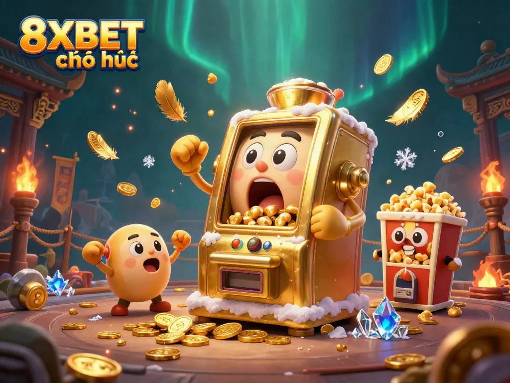 Experience the thrill of 8XBET chính thức as the golden slot machine hits the jackpot in a vibrant casino scene.