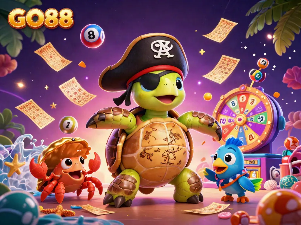 Engage with GO88's vibrant casino experience featuring colorful lottery elements and animated characters.